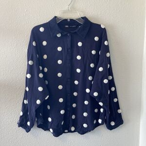 Zara Womens Button Down Blouse Top Size Sm Navy Blue Puff Polka Dot Long Sleeve